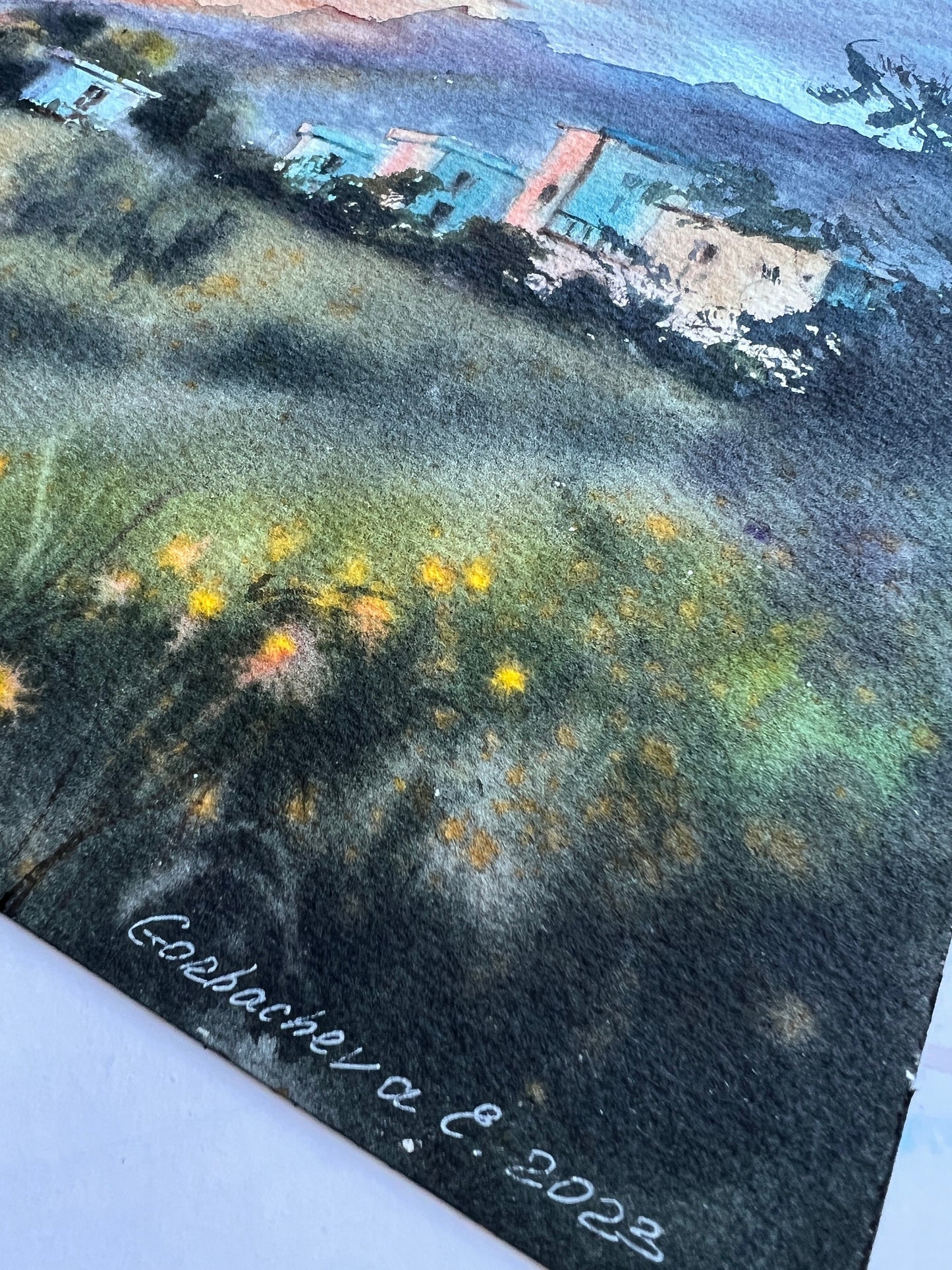 Sunrise Landscape Watercolor Painting Original, Country Artwork, Mountain Wildflower Wall Art, Orange Sunset, Gift