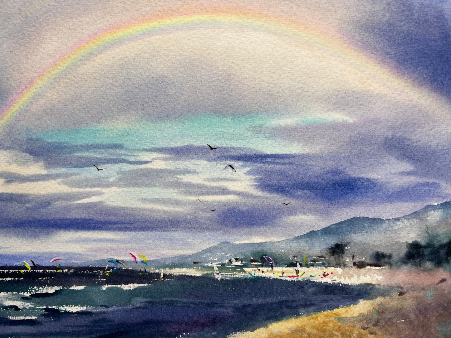 Sea Beach Painting Small, Original Watercolor, Rainbow Artwork, Blue Wave Kite Art, Coastal Home Wall Decor, Gift