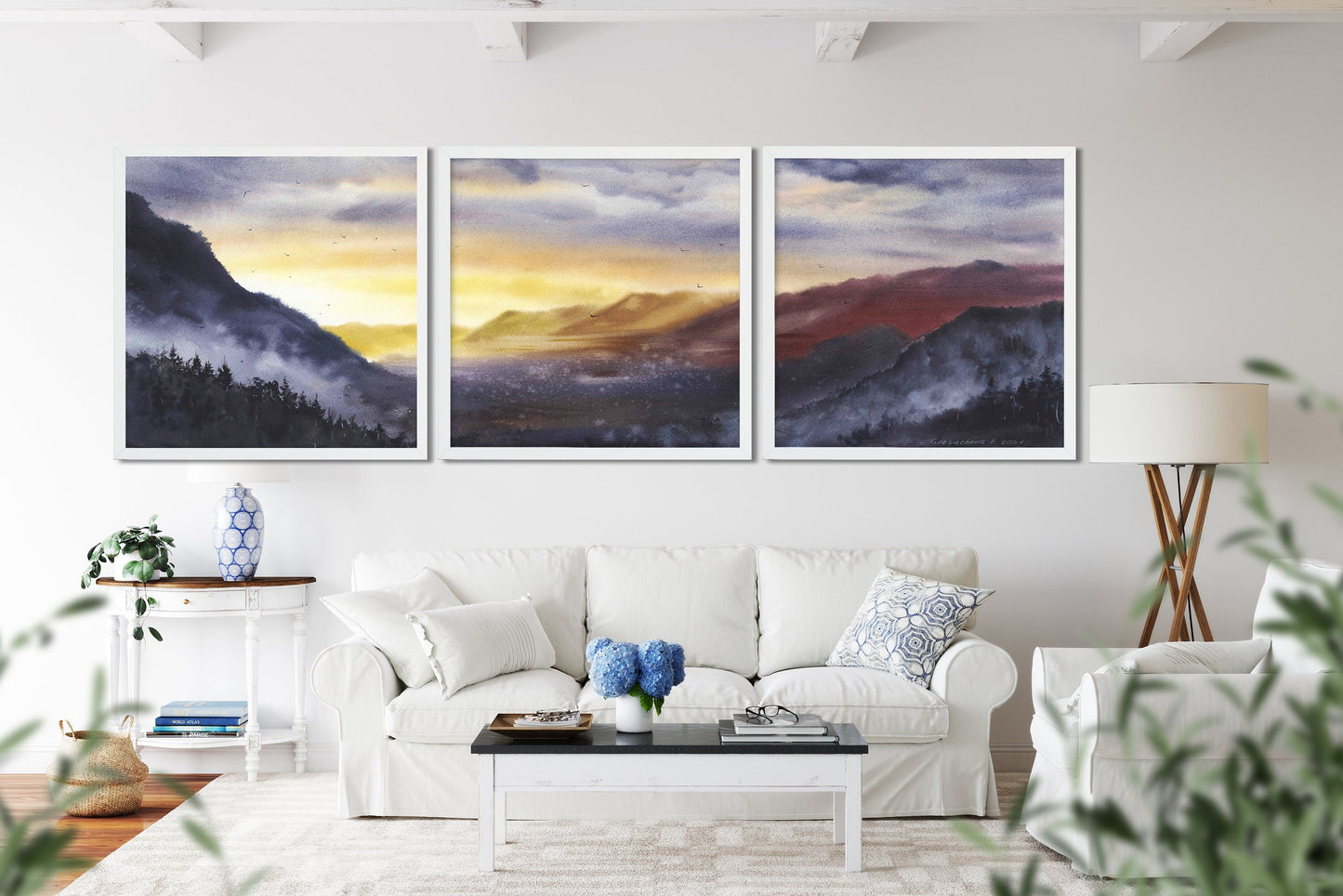 Set Of 3 Square Prints, Landscape Wall Art, Nature Art, Mountain Paintings on Canvas, Rolling Purple Hills, Home Decor
