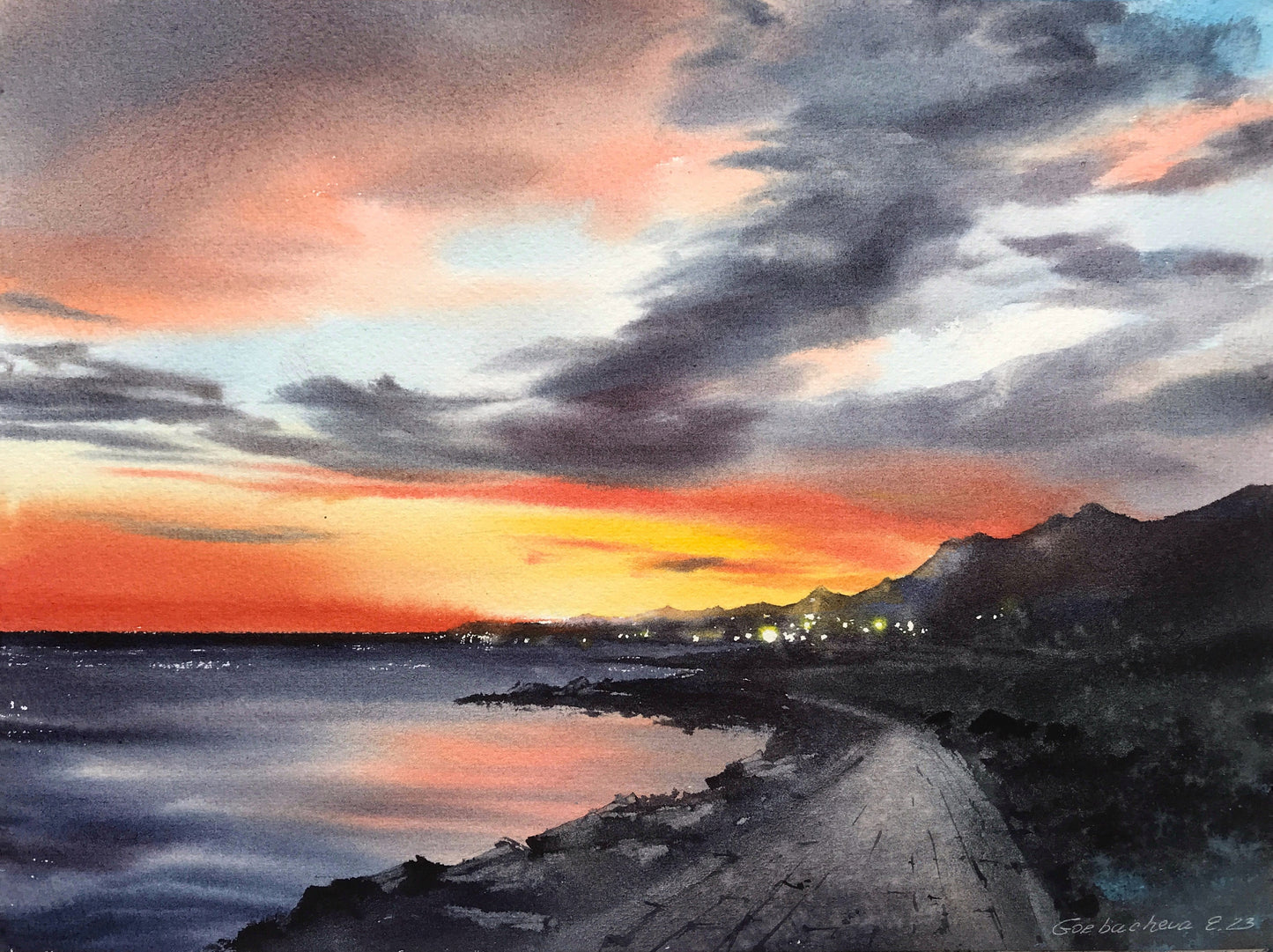 Coastal Sunset Painting, Sea Beach Watercolor Original Art, Landscape Wall Art, Sky, Nature, Orange Grey, Gift For Mom