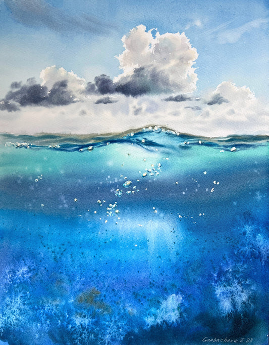 Snorkeling Painting, Watercolor Original Art, Ocean Wave Artwork, Hand-painted Seascape, Coastal Home Wall Decor, Gift