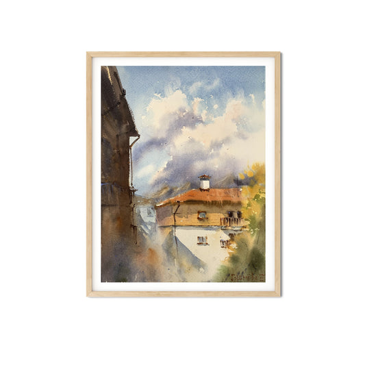 Mountain House Painting Watercolor Original, Chalet Artwork, Modern Landscape, Abstract Art Decor, Gift for Nature Lover