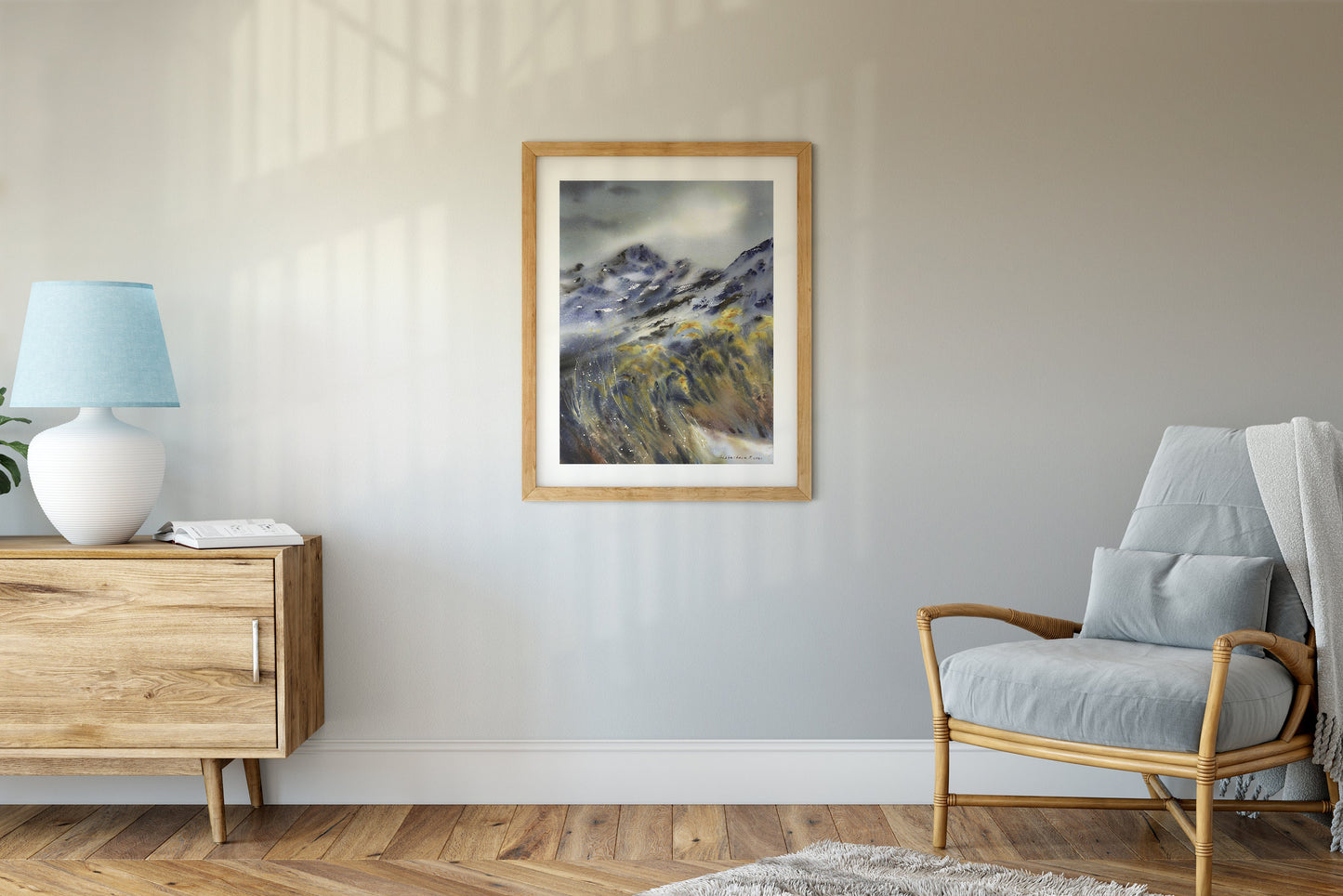 Scandinavian Wall Art, Norway Print, Abstract Mountain and Rye, Watercolor Nature Landscape, Norwegian Swedish  Art
