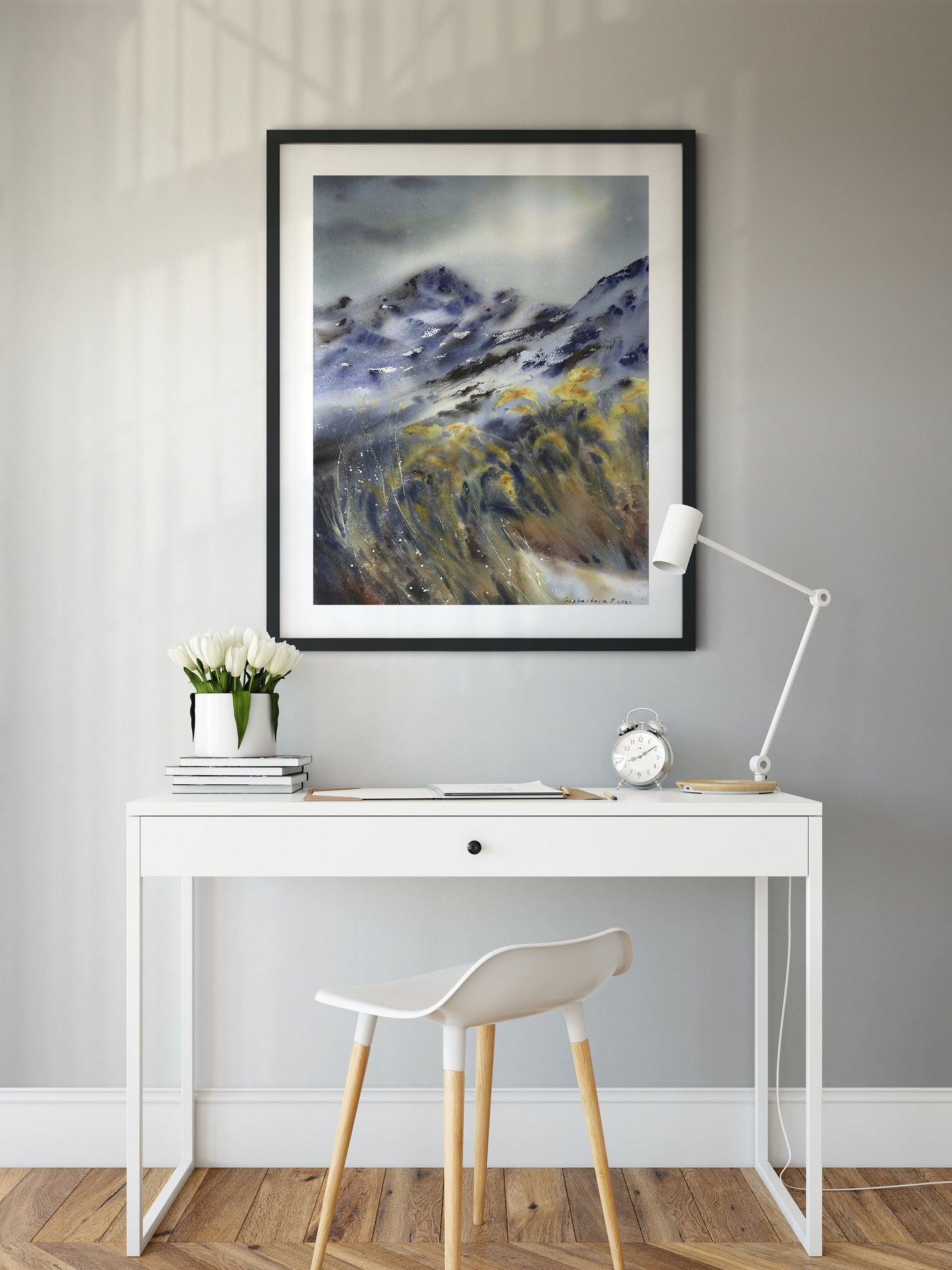Scandinavian Wall Art, Norway Print, Abstract Mountain and Rye, Watercolor Nature Landscape, Norwegian Swedish  Art