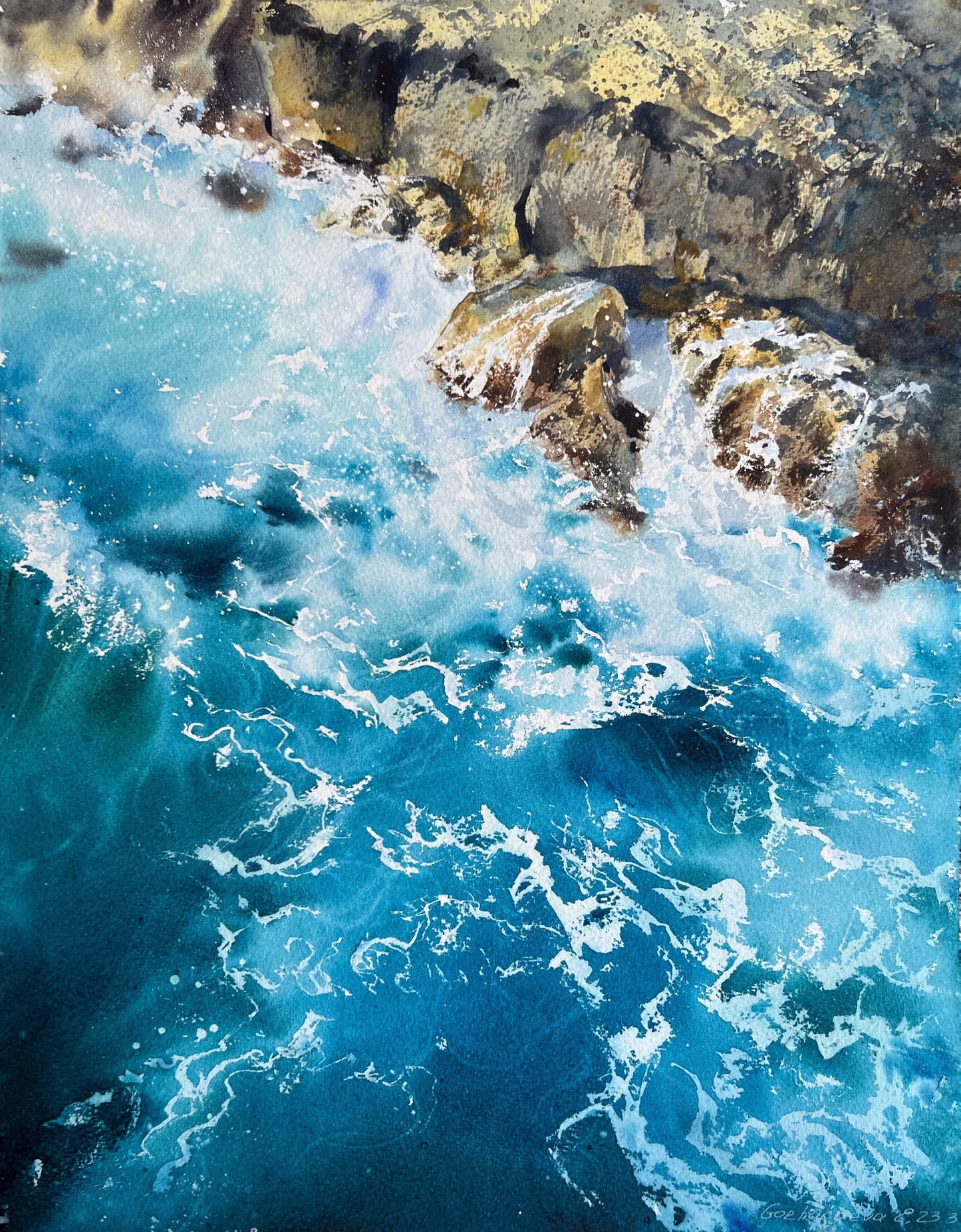Painting, Watercolor Original Artwork - Waves and rocks #15