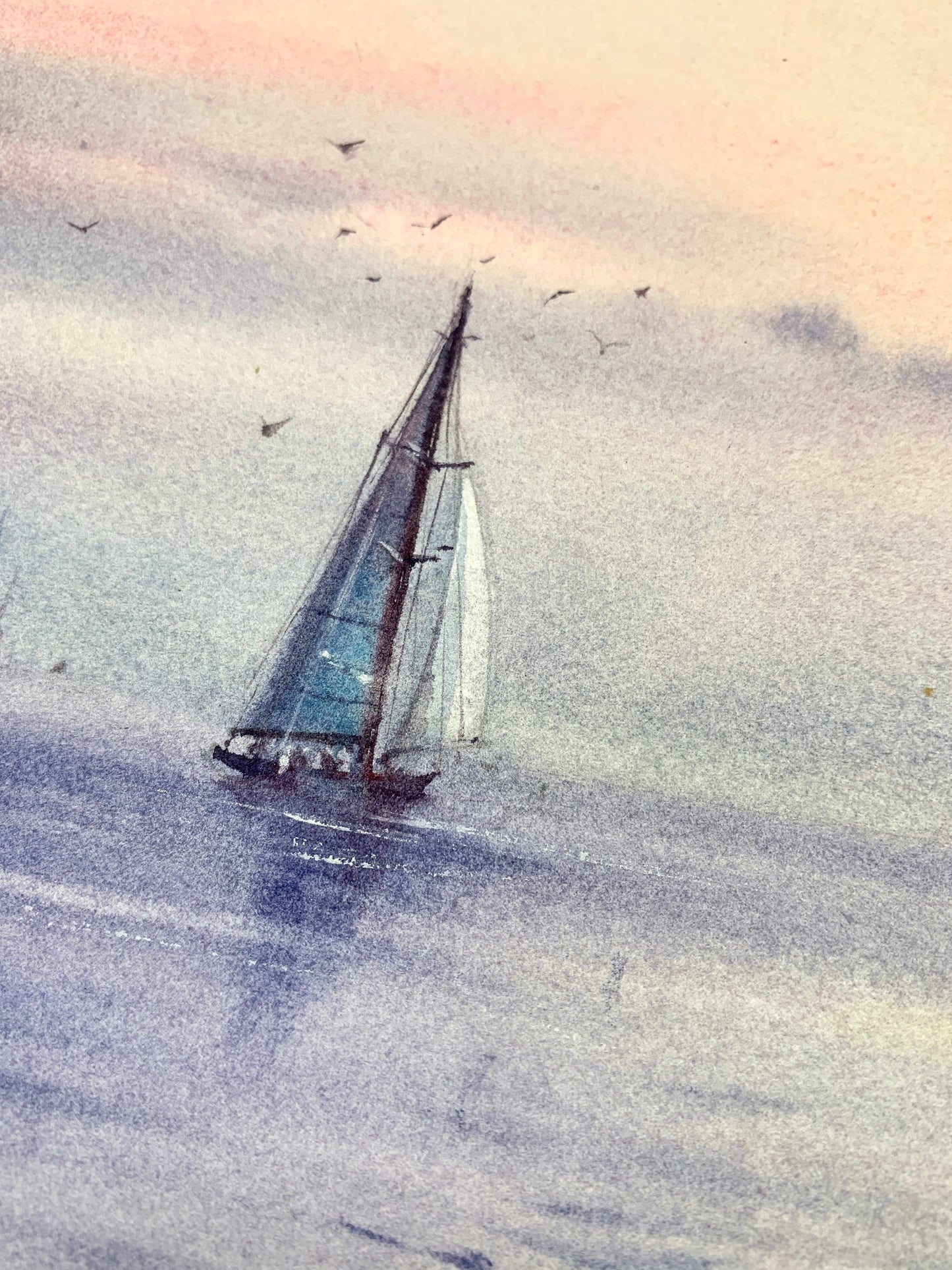 Original Watercolor Painting: Yachts at Sea #2 with Stunning Clouds