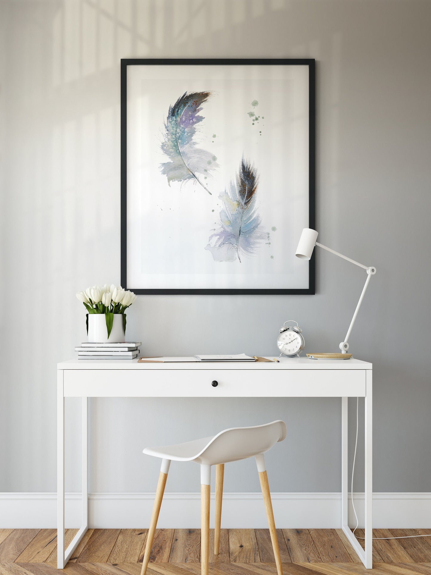 Owl Feather Art Print, Watercolor Gray Owls, Minimalist Bird Painting, Canvas Print, Scandi Room Wall Decor