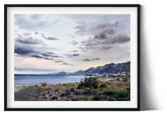 Cyprus Coast Painting Original Watercolor, Sea Clouds Wall Art, Wave Living room Wall Decor, Unique Gift, Blue Seascape