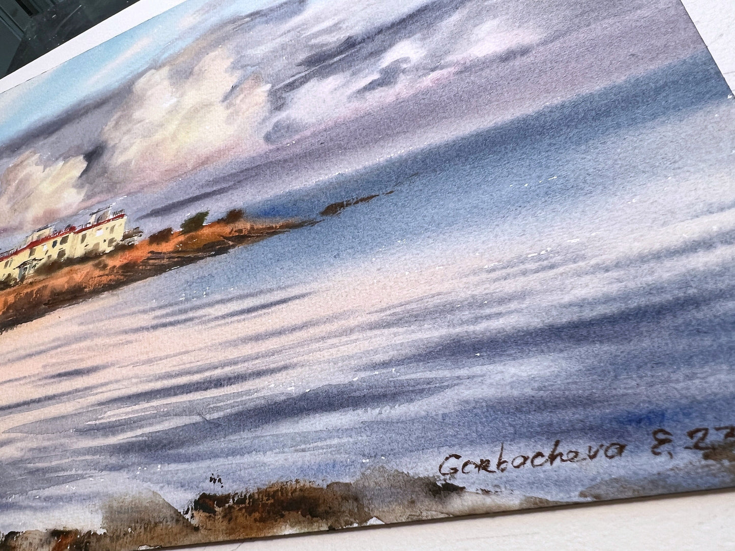 Cyprus Seascape Painting Watercolor Original, Sea Clouds Art, Sea House Wall Decor, Unique Gift, Blue Seaview