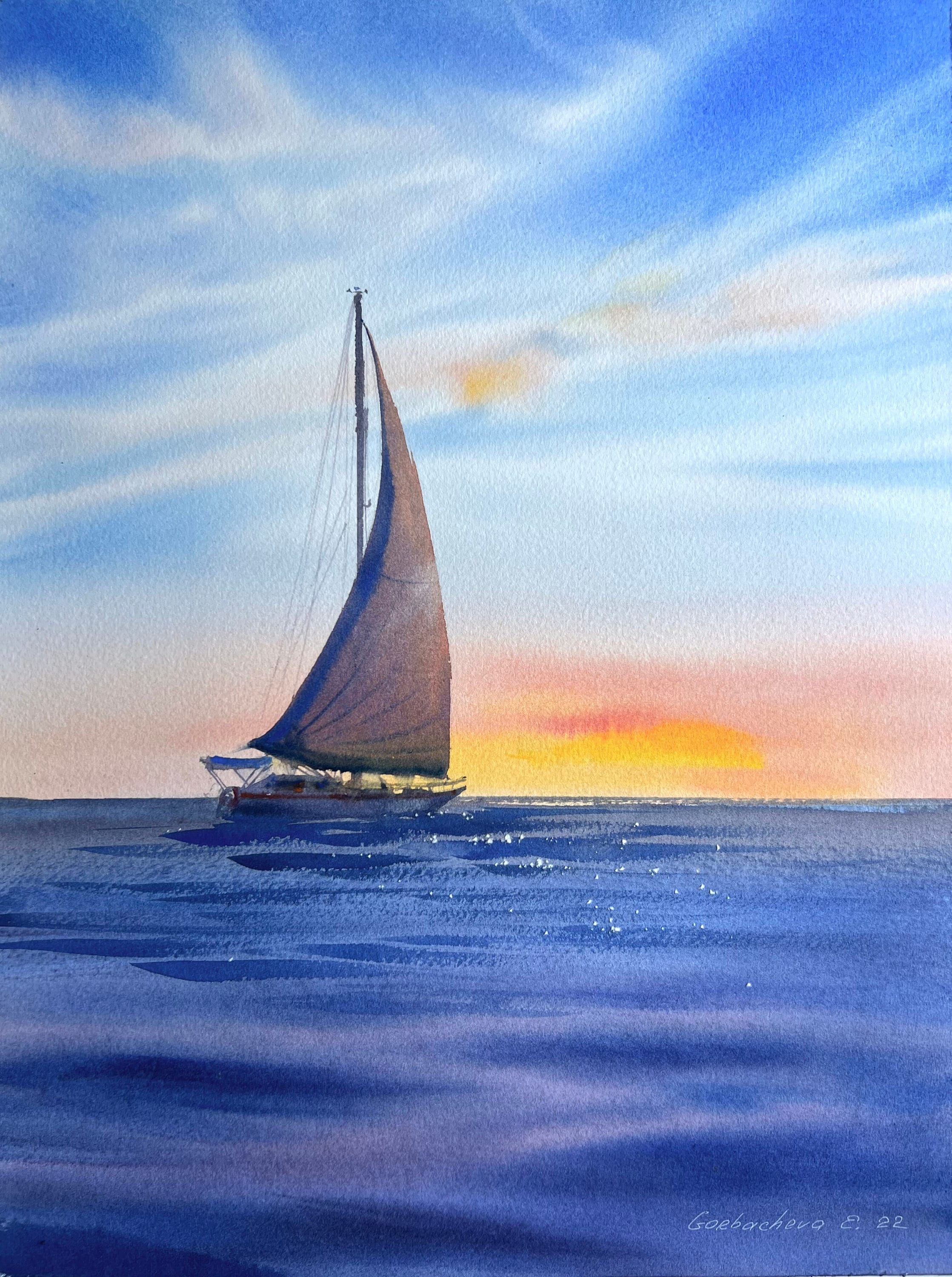 Nocturn - One of kind watercolor painting store - Sunset on beach with sailboat