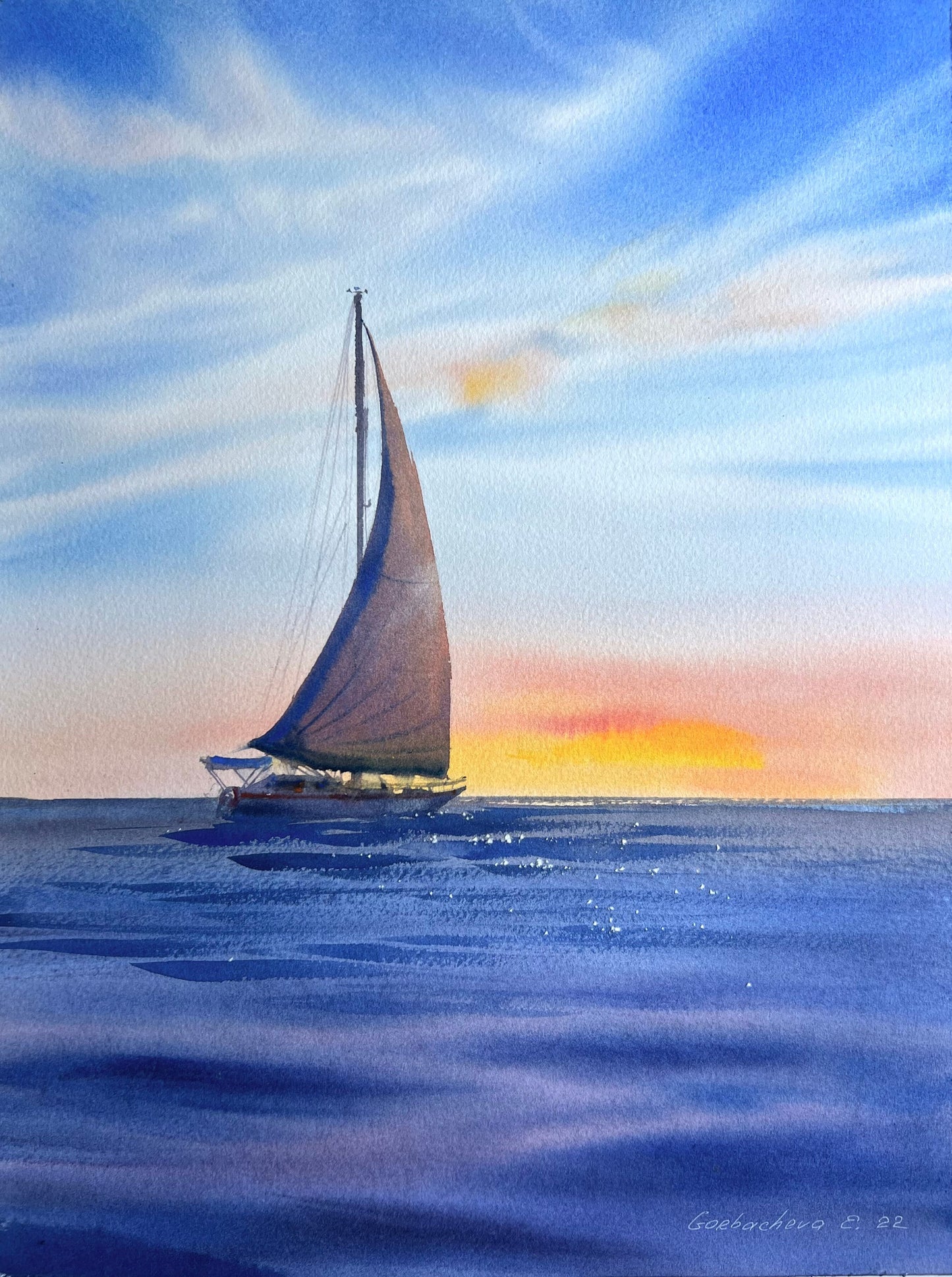 Sunset Yacht Painting Original, Watercolor Sailboat Artwork, Seaview Art, Coastal Living Room Wall Art, Gift