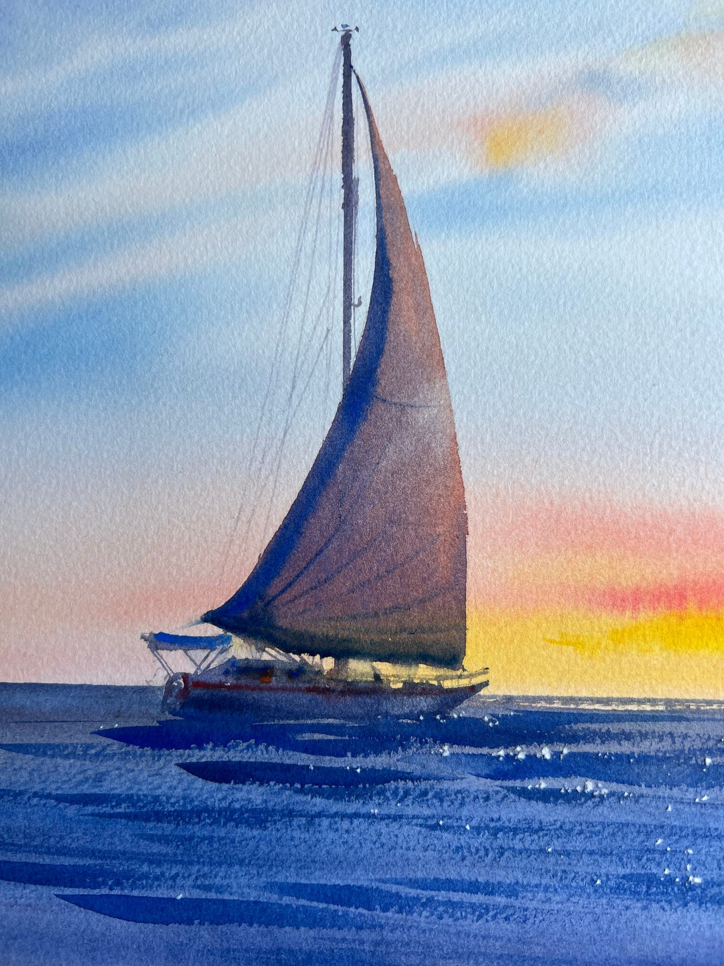 Sunset Yacht Painting Original, Watercolor Sailboat Artwork, Seaview Art, Coastal Living Room Wall Art, Gift