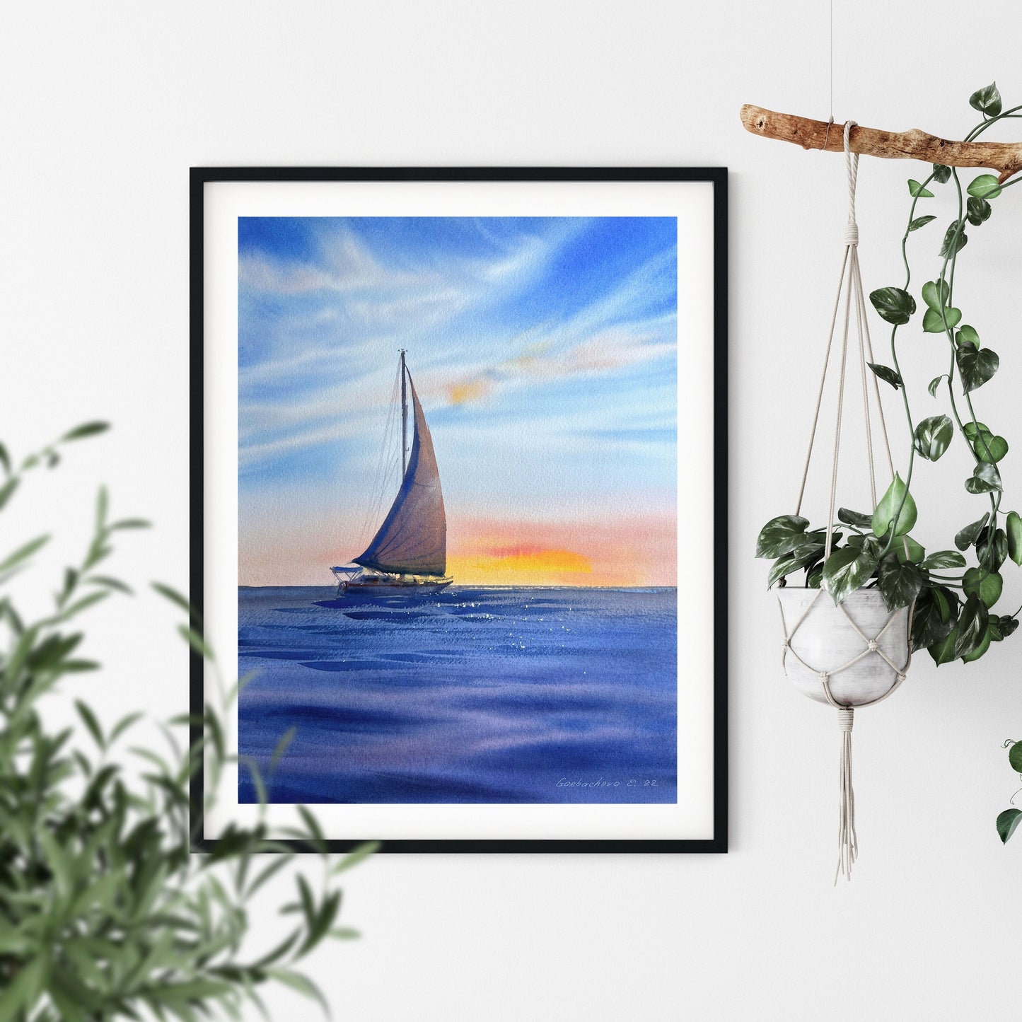 Sunset Yacht Painting Original, Watercolor Sailboat Artwork, Seaview Art, Coastal Living Room Wall Art, Gift