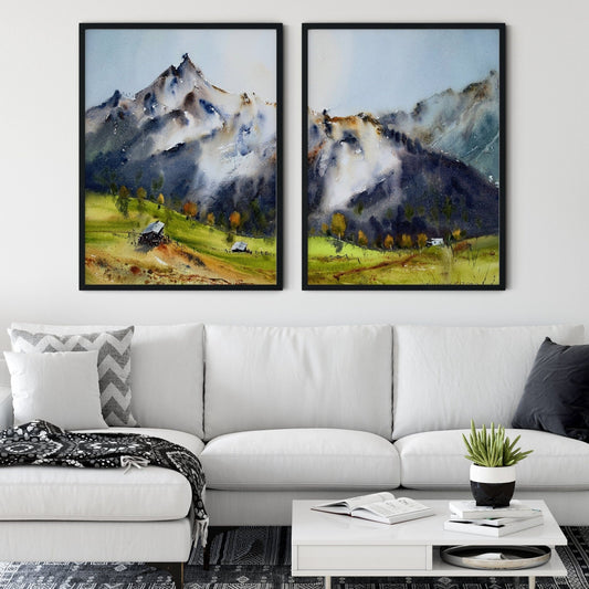 Split Painting, Mountain Set of 2 Prints, Alpine Wall Art, Nature Decor, Watercolor Scenery Painting, Extra Large Print