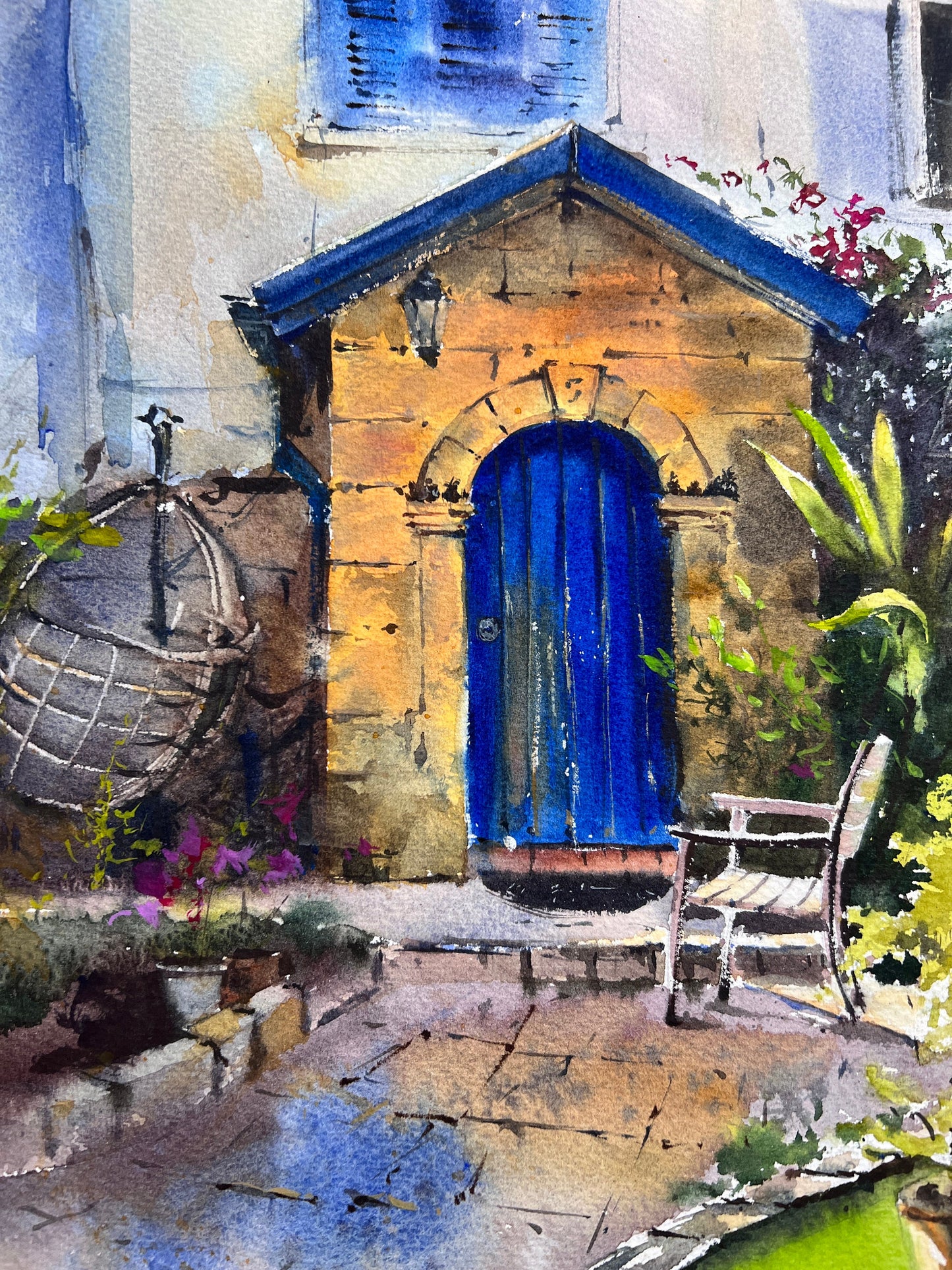 Original Watercolor Art: Girne Center, Northern Cyprus #3 with Charming Mediterranean Architecture - 12x16 inches