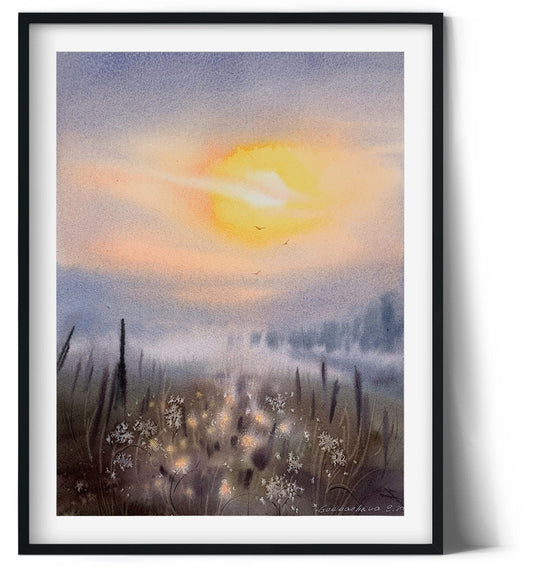 Small Watercolor Painting Original, Fog Morning Artwork, Country House Wall Decor, Landscape With Wildflower Field, Gift