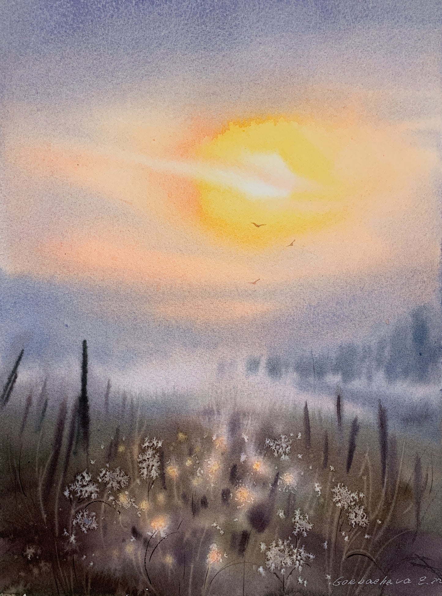 Small Watercolor Painting Original, Fog Morning Artwork, Country House Wall Decor, Landscape With Wildflower Field, Gift