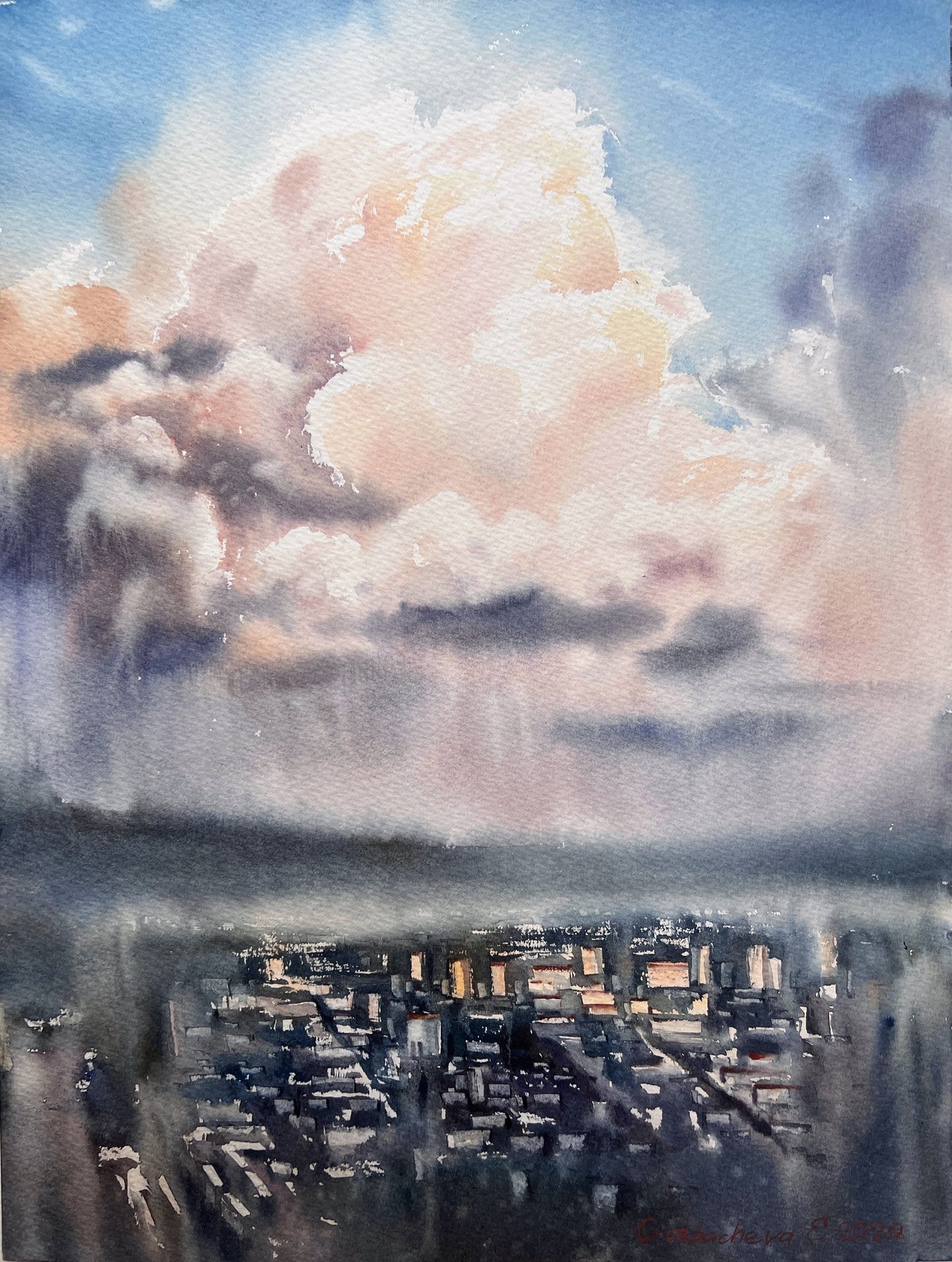 Cyberpunk Painting Original, Watercolor City Above The Cloud, Rainy Clouds, Cityscape Wall Art Decor, Gift