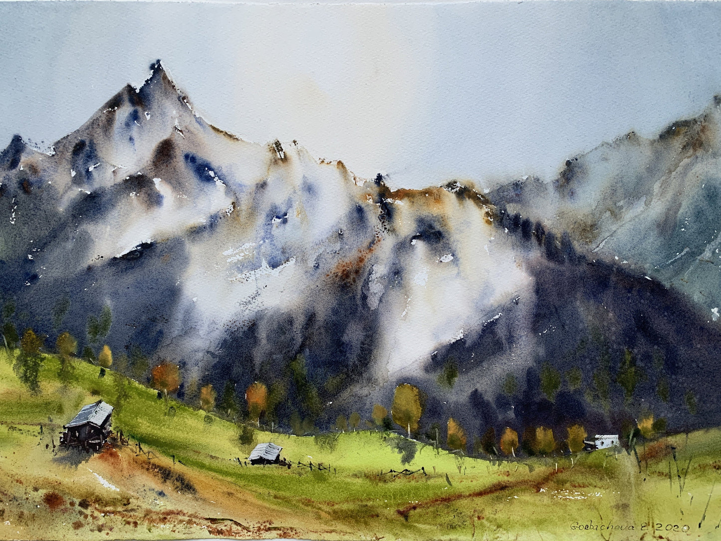 Mountain Village Print, Landscape Wall Art, Country House Art Decor, Watercolor Scenery Painting on Canvas, Gray, Green