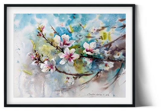 Watercolor Flower Painting, Original Artwork, Blooming Almond Tree, Botanical Art Decor, Wall Art, Gift for Dad
