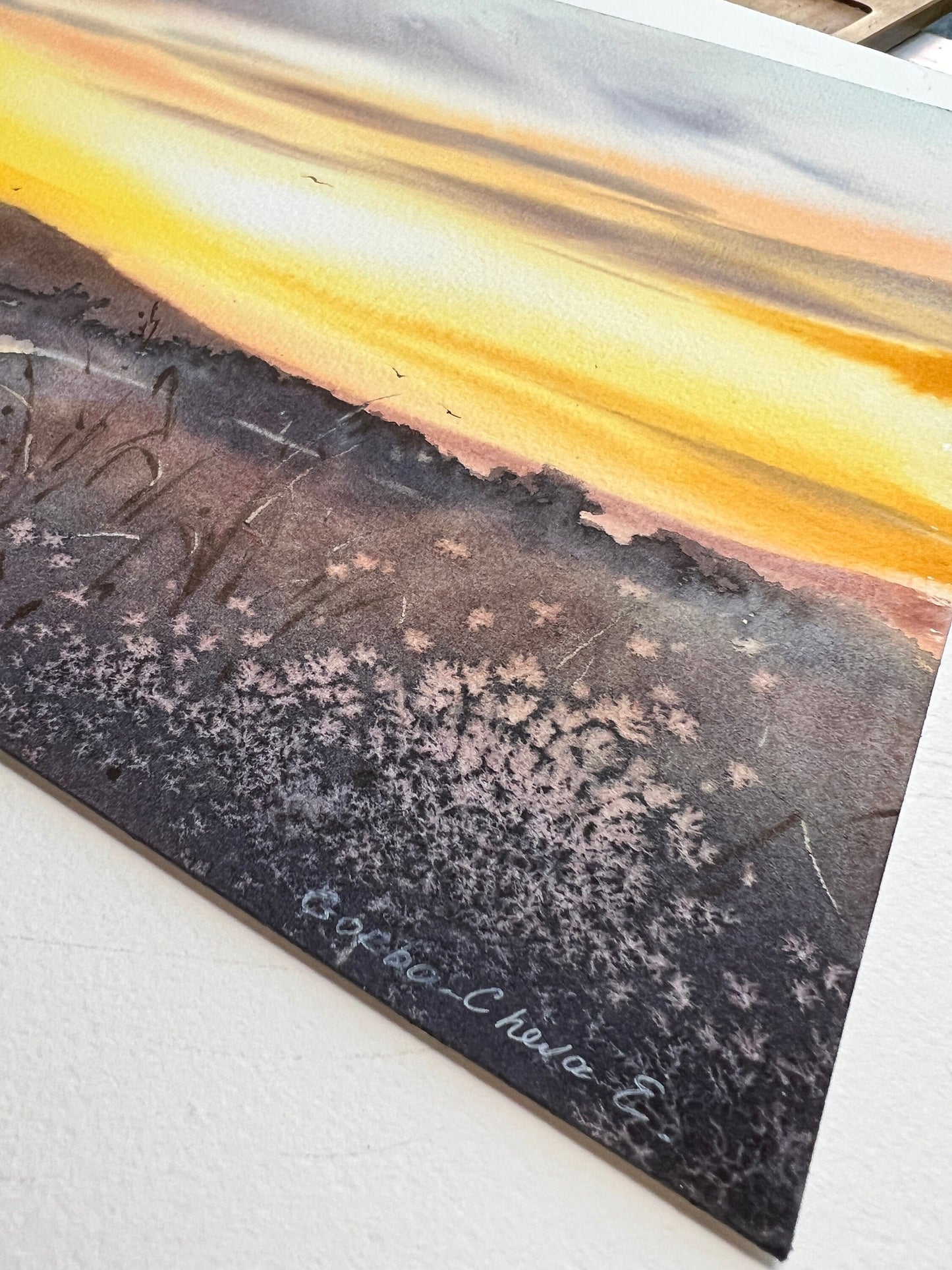 Sunset Small Painting Original Watercolor, Evening Landscape , Abstract Artwork, Mountain Art, Orange Sunrise, Gift