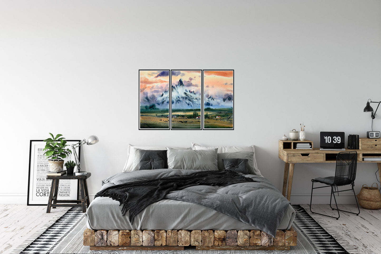 3 Mountain Set Prints, Extra Large Canvas Split Panels, Modern Home Decoration for Bedroom, Orange Sunset Wall Art