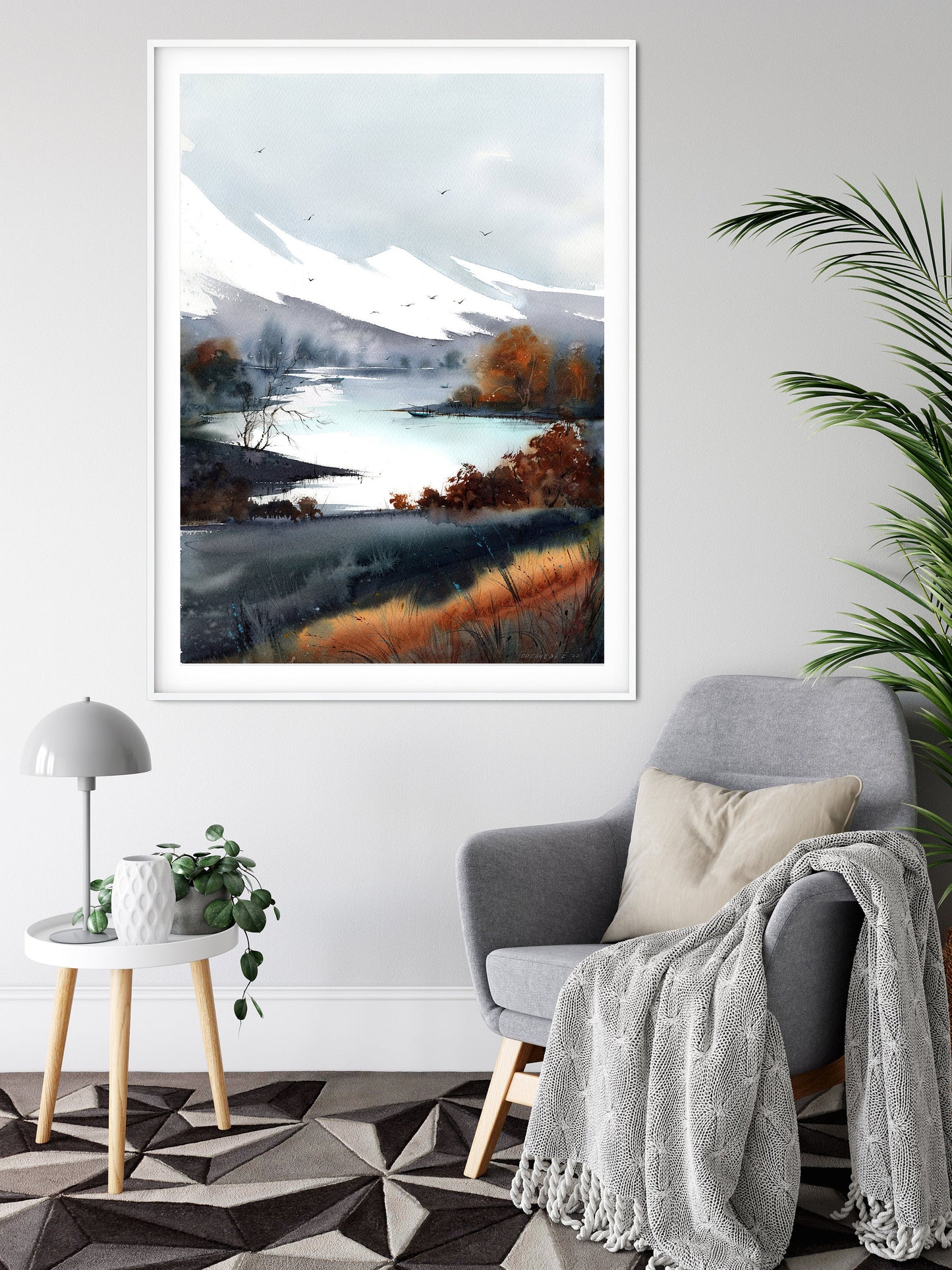 Abstract Nature Print, Mountain Art, Watercolor Landscape, Canvas Painting, Modern Living Room Wall Decor, Grey