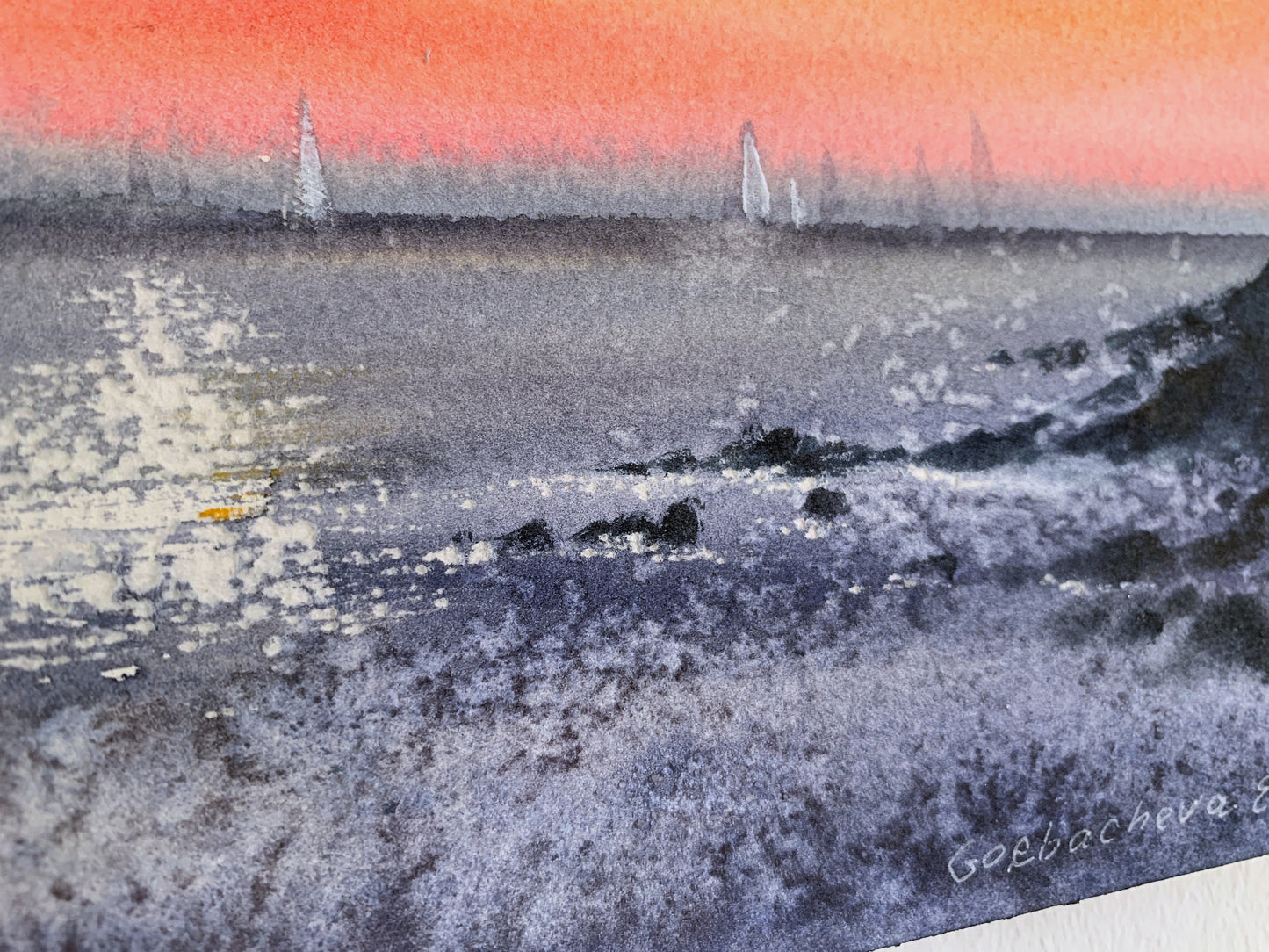 Seaview Sunset Small Painting, Beach Original Watercolor Art, Seascape Wall Art, Sky, Yachting, Grey, Gift For Dad