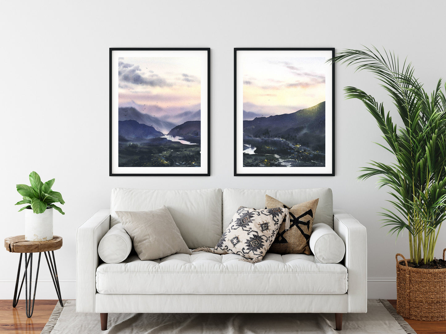 Mountain Wall Art, Set of 2 Watercolor Paintings, Nature Art Prints, Sunrise landscape, Modern Bedroom Wall Decor