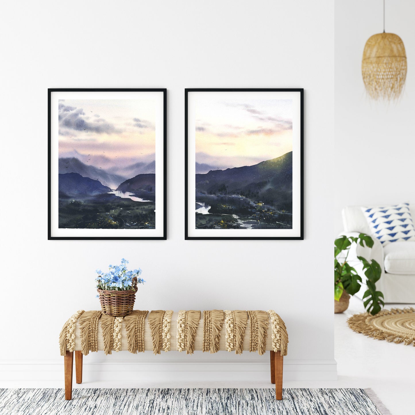 Mountain Wall Art, Set of 2 Watercolor Paintings, Nature Art Prints, Sunrise landscape, Modern Bedroom Wall Decor