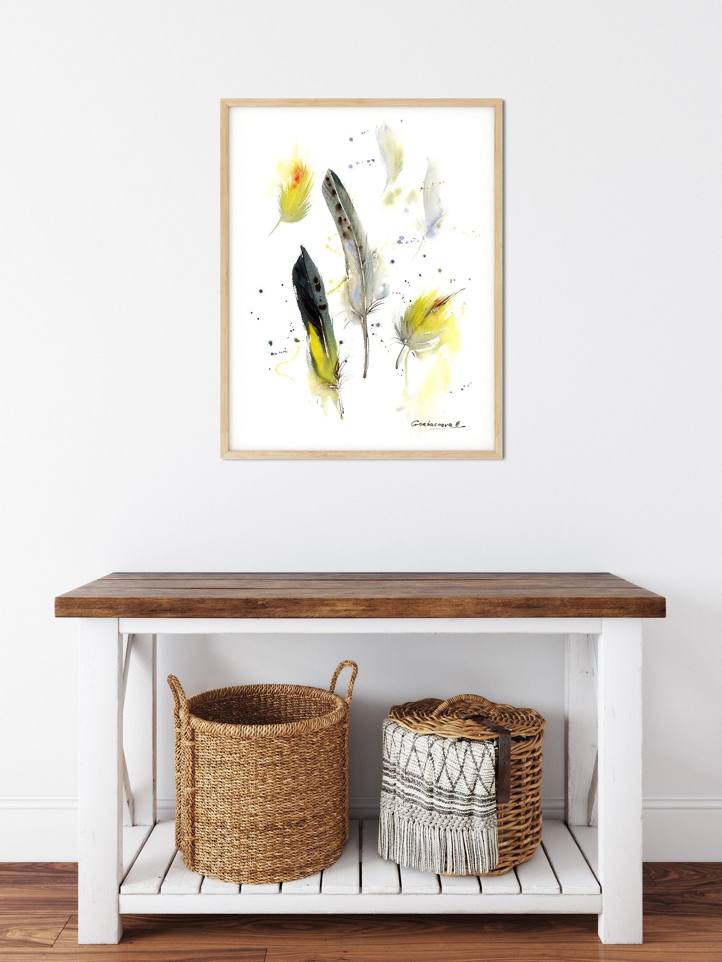 Yellow Gray Feather Art Print, Birds Flying of a Feather Art, Home Wall Decor, Minimalist Parrot Birds, Giclee Canvas