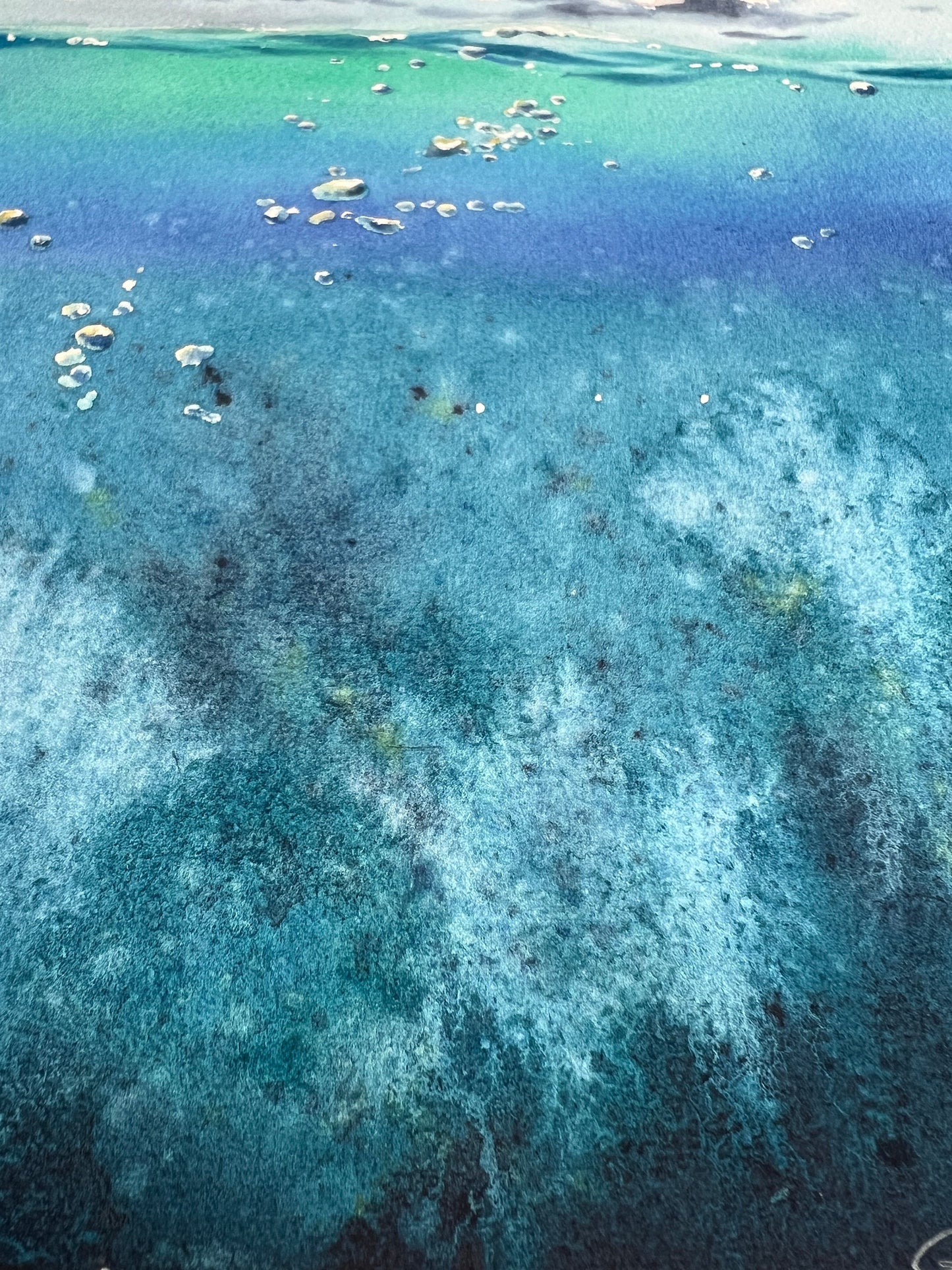 Snorkelling Painting, Watercolour Original Art, Ocean Wave Art, Underwater Sea Bubbles, Coastal Home Wall Decor, Gift