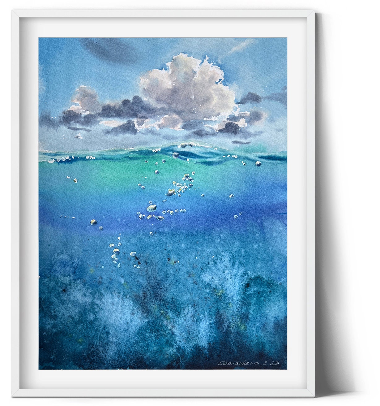 Snorkelling Painting, Watercolour Original Art, Ocean Wave Art, Underwater Sea Bubbles, Coastal Home Wall Decor, Gift
