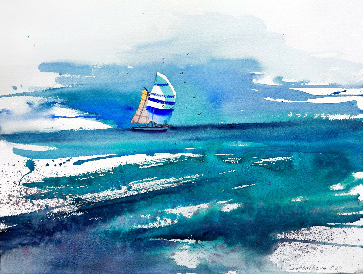Watercolor Sailboat Painting Original, Yacht Artwork, Seascape Art, Coastal Wall Art, Gift for Sea Lover