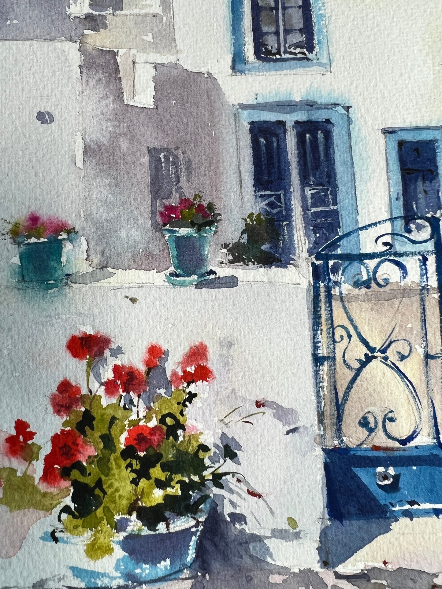 Greek landscape. watercolor painting. Landscape with flowers