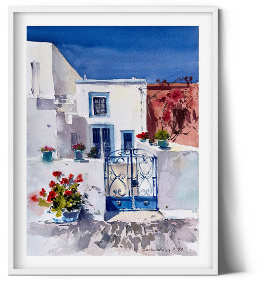 Greek Street Painting Original Watercolor, Greece Art, Mediterranean City, Blue White Wall Art, Travel Gift For Her