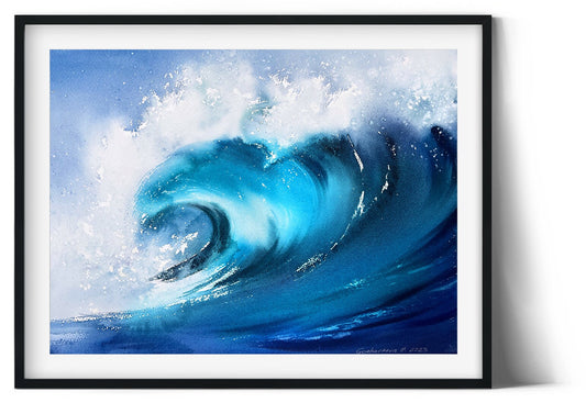 Ocean Wave Painting, Watercolor Original Art, Blue Sea Waves, Coastal Wall Decor, Gift For Her, Coast, Seascape, 16x12"