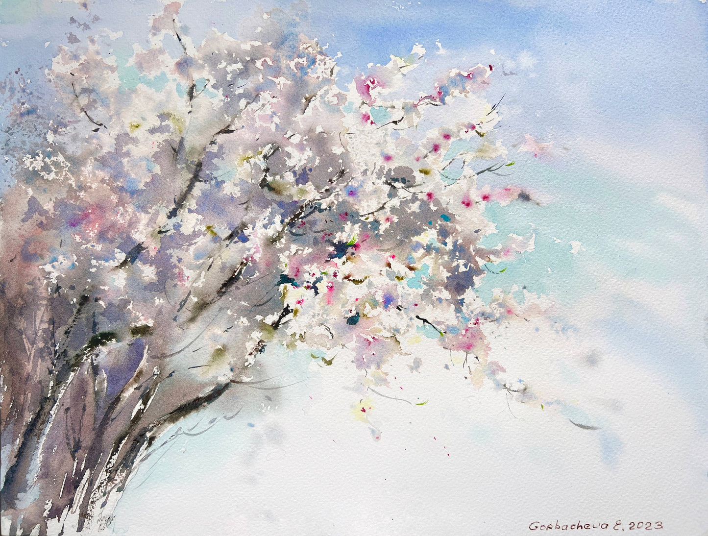 Blooming Flower Tree Painting, Watercolor Original Artwork, Flowering Almond, Flora Wall Decor, Botanical Art, Gift