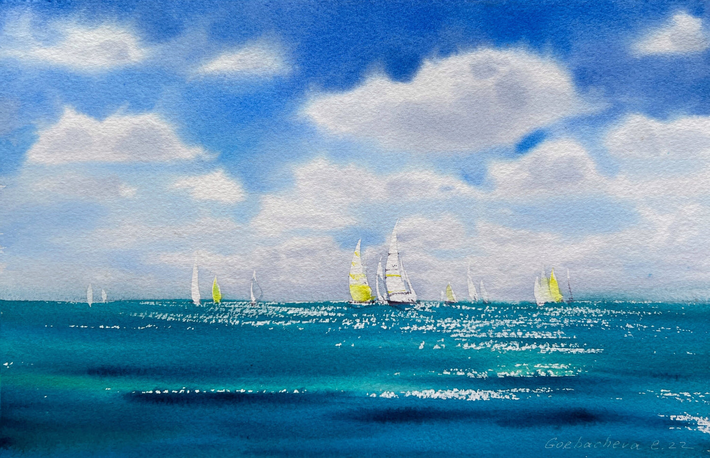 Sea Sailboat Small Painting, Watercolor Original Artwork, Tropic Beach Wall Art, Coastal Art Decor, Seascape