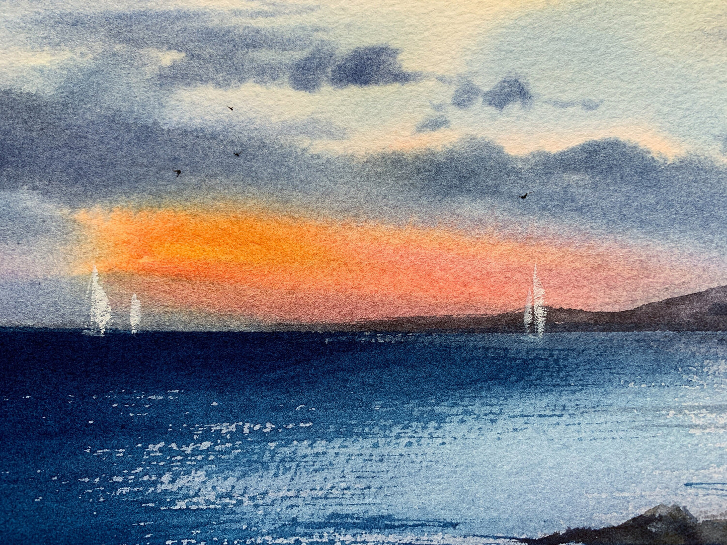 Seaview Small Painting, Beach Original Watercolour Art, Seascape Wall Art, Orange Sunset, Yachts, Sailboats, Gift For Sailor