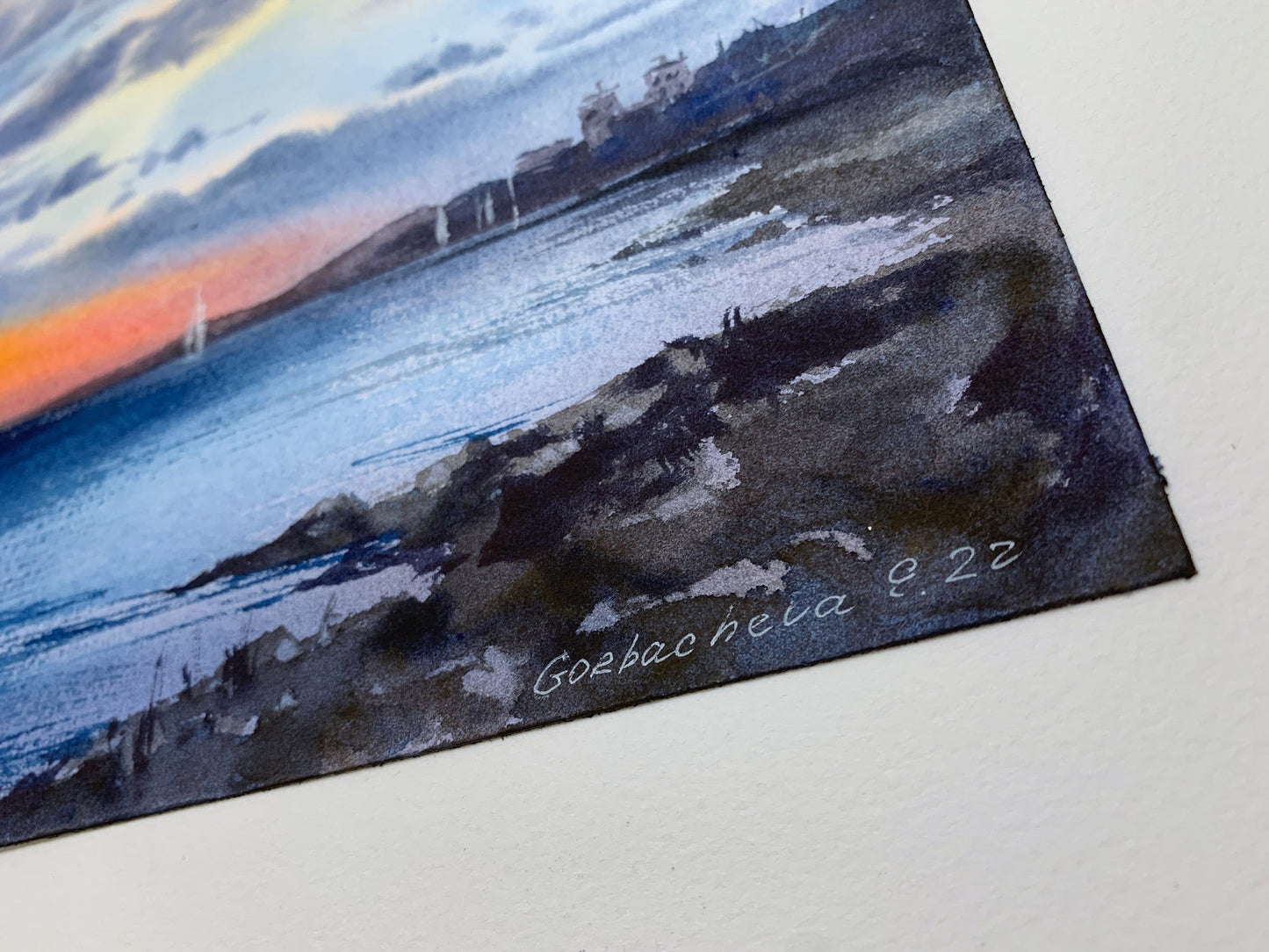 Seaview Small Painting, Beach Original Watercolour Art, Seascape Wall Art, Orange Sunset, Yachts, Sailboats, Gift For Sailor