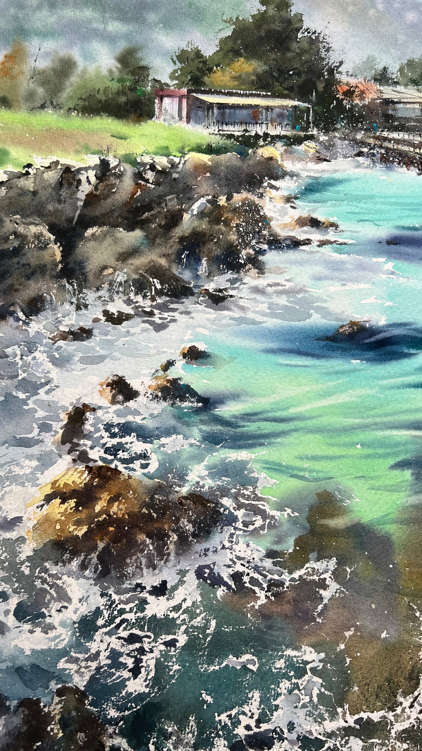 Sea Shore Painting Original Watercolor, Modern Seascape, Cyprus Coast Art, Clear Water, Wave Living room Wall Decor