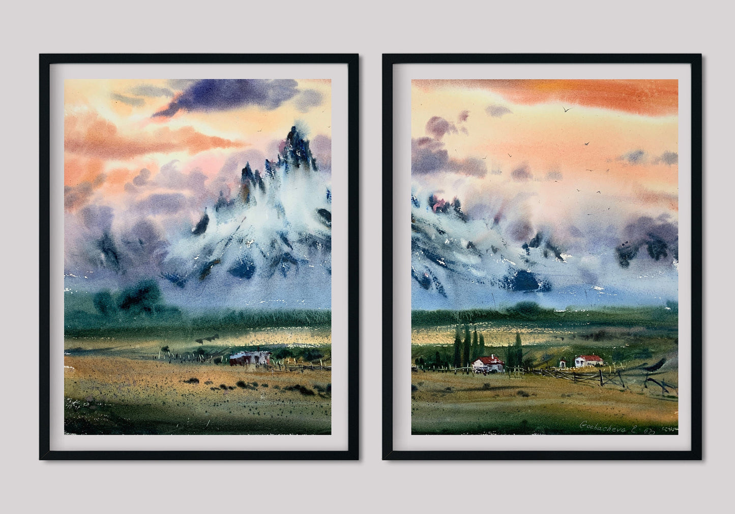 Landscape Print Set of 2 Prints, Nature Wall Art Decor, Mountain Scenery Painting, Split Extra Large Print, Orange Green