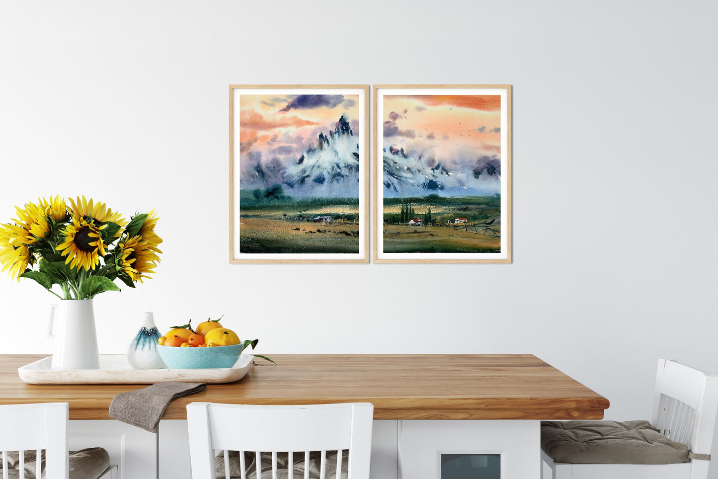 Landscape Print Set of 2 Prints, Nature Wall Art Decor, Mountain Scenery Painting, Split Extra Large Print, Orange Green
