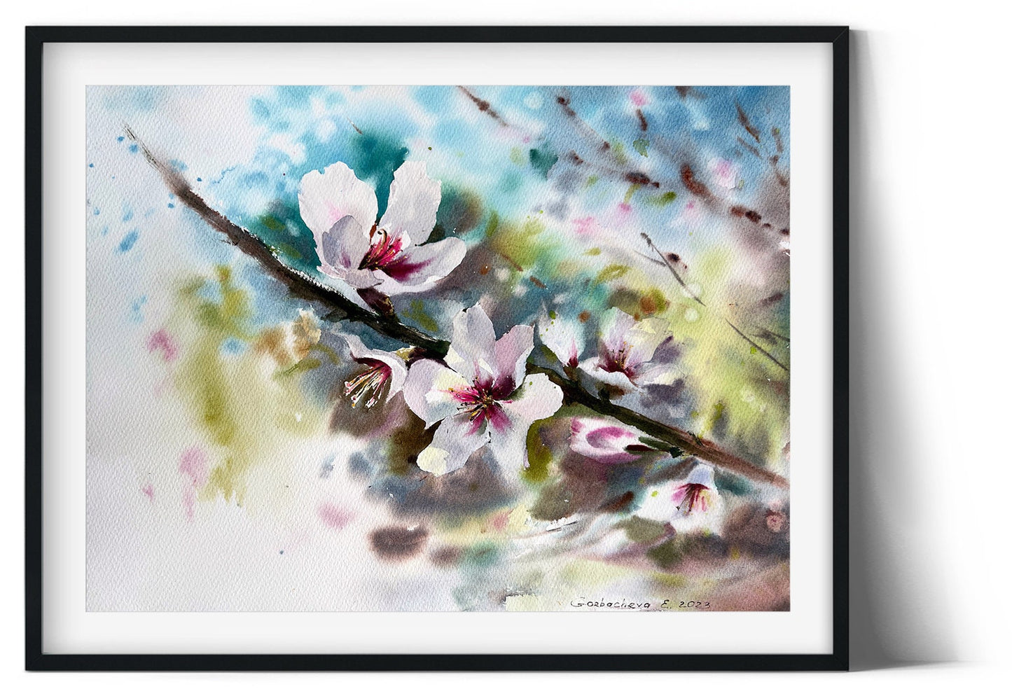 Blooming Flower Painting, Original Watercolor Artwork, Almond Tree, Botanical Wall Decor, Flora Art, Gift for Mom