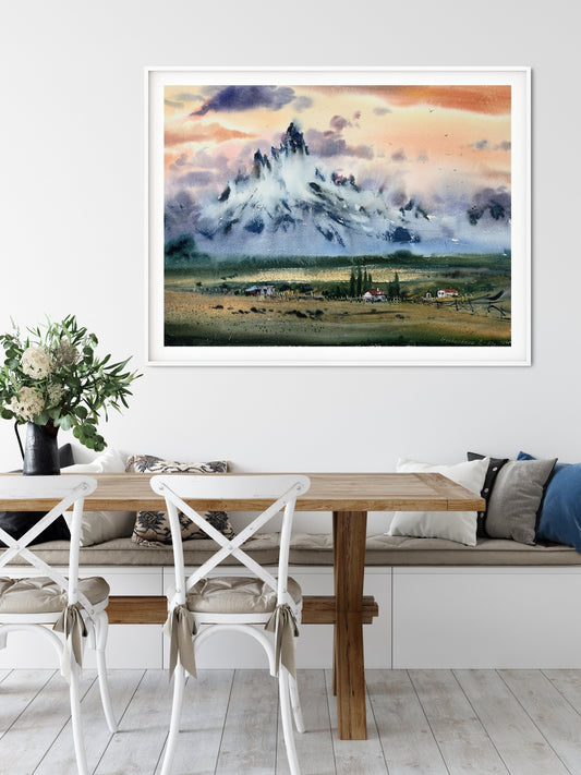 Watercolor Mountain Print, Landscape Art Decor, Home And Office Wall Art, Midcentury Modern Printed Art, Sunset