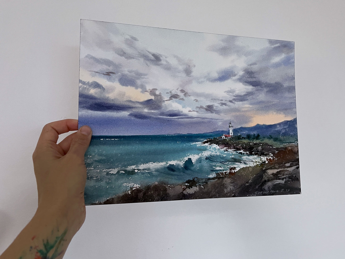 Coastal Charm - Lighthouse Watercolor Original Painting, Seascape Artwork, Unique Gifts, Blue, Green