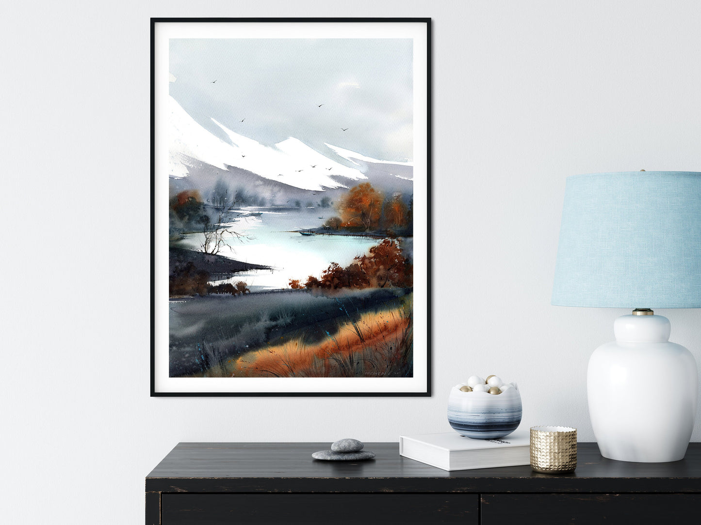 Abstract Nature Print, Mountain Art, Watercolor Landscape, Canvas Painting, Modern Living Room Wall Decor, Grey