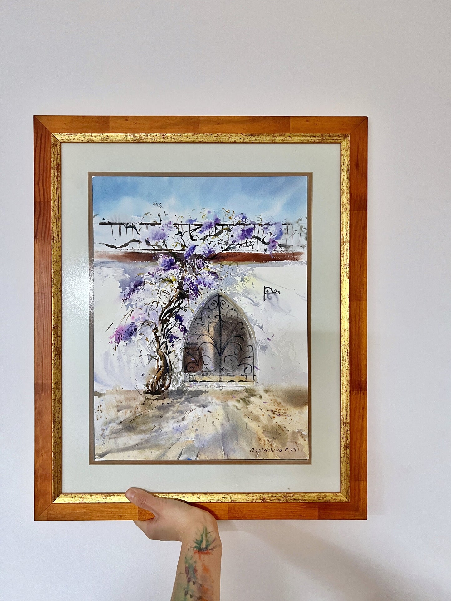 Cyprus Coastal City Painting Original, Sea Flower House, Watercolor Artwork, Mediterranean Art, Travel Gift, 12x16