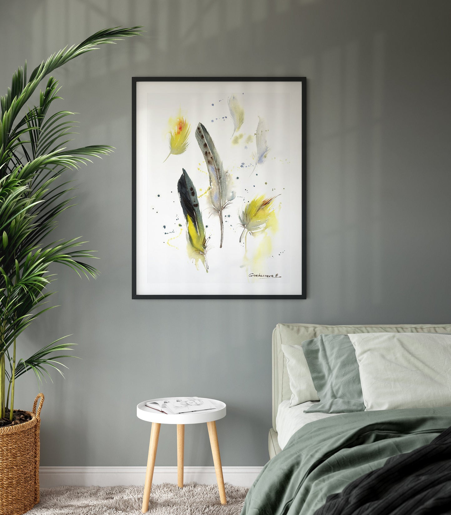 Yellow Gray Feather Art Print, Birds Flying of a Feather Art, Home Wall Decor, Minimalist Parrot Birds, Giclee Canvas